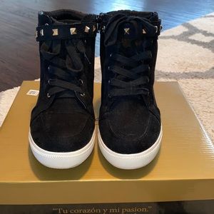 Thalia Sodi Black Suede Sneaker Wedge with Studs